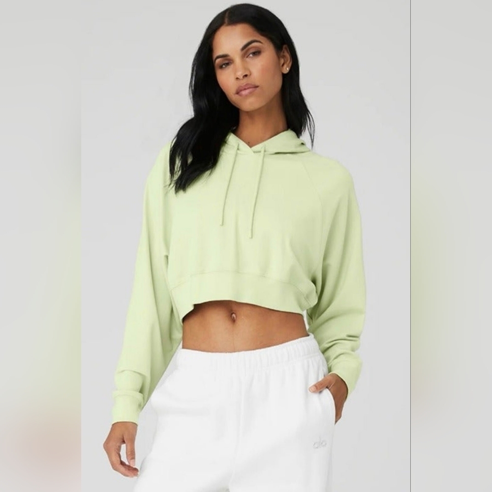 Alo Yoga Cropped Double Take French Terry Hoodie in the color Iced Green Tea
